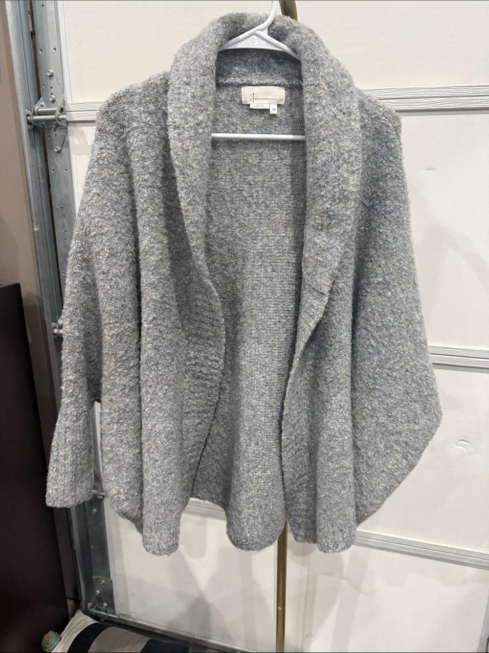 Anthropologie Heather Gray Shawl-Collar Open Knit Poncho